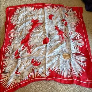 Vintage Burmel Red Silk Scarf with White Floral Burst Pattern